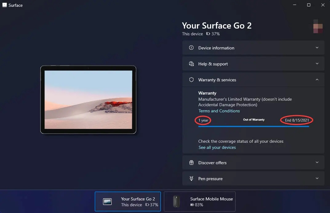 Cách kiểm tra bảo hành Surface trong ứng dụng Surface